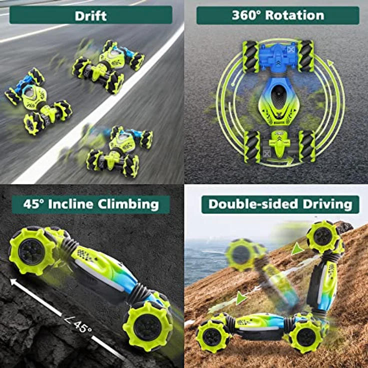 Pristar Ferngesteuertes Auto für Kinder, 4WD RC Stunt Car Ferngesteuerte Auto mit HandSteuerung, 2,4 GHz 360° Drehung Auto Car mit Musik und Beleuchtung Handgeführtes Stunt-Auto 2 Akku – Bild 5