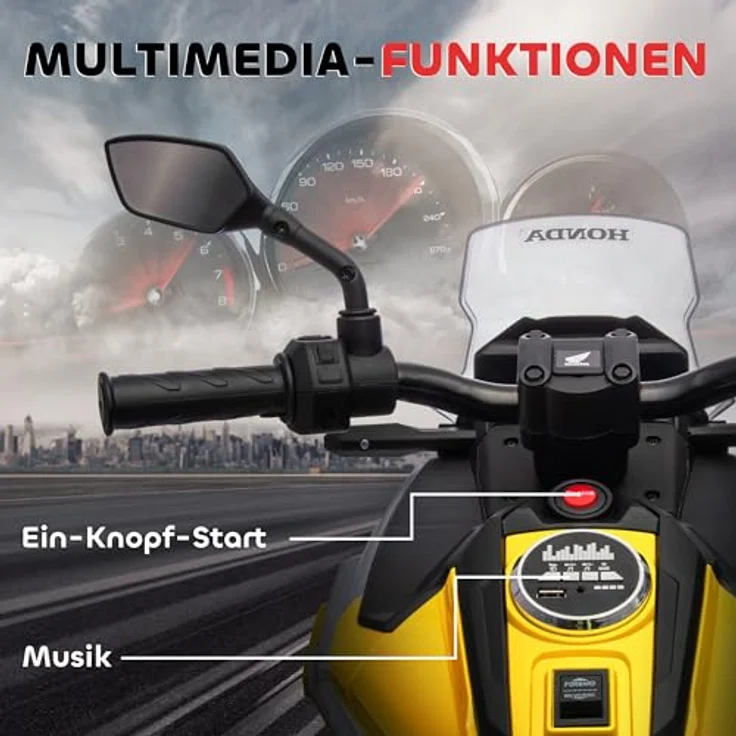 AIYAPLAY Elektro Kindermotorrad, Honda lizenziertes Elektromotorrad mit MP3, USB, Scheinwerfer, zwei Stützrädern, für Kinder von 3-6 Jahren, Gelb – Bild 4