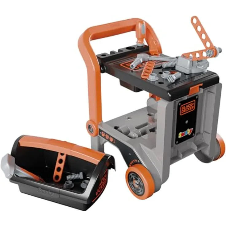 Smoby 3-in-1 Spielwerkbank Black+Decker, Made in Europe mit 19 Zubehörteilen, mobil als Trolley oder Schubkarre nutzbar