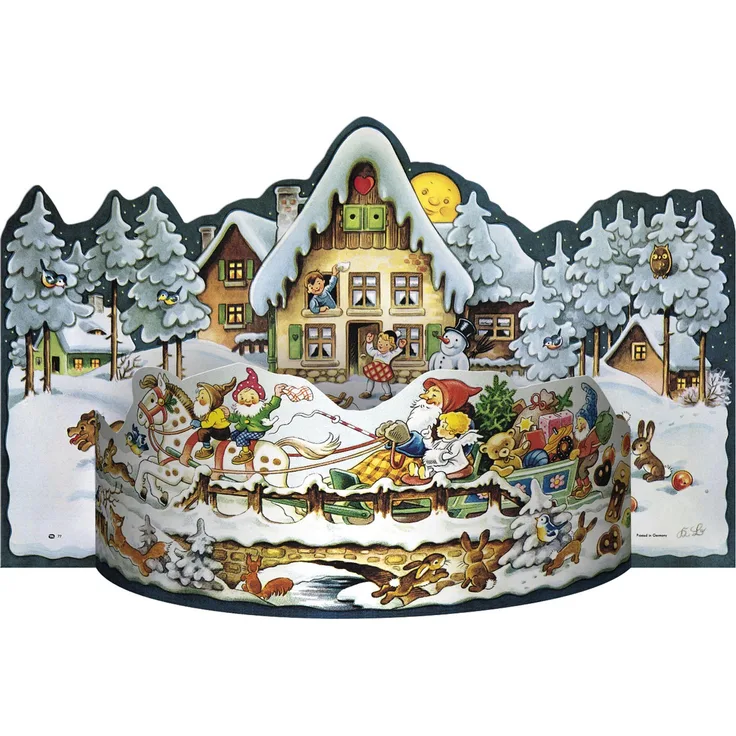 Korsch Adventskalender "Schlittenfahrt" mit 3-D-Effekt und nostalgischem Motiv, silbern glitzernd