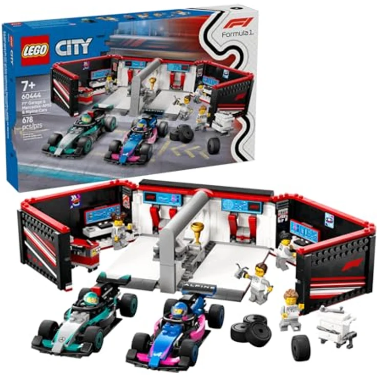 LEGO City F1 Garage mit Mercedes-AMG & Alpine Rennautos - Spielzeug Formel 1 Rennwagen mit 2 Rennfahrern & 4 Mechaniker Minifiguren - Geschenk für Jungen & Mädchen ab 7 Jahren und Fans 60444 - Bauspielzeug mit detailreicher Autowerkstatt – Bild 1