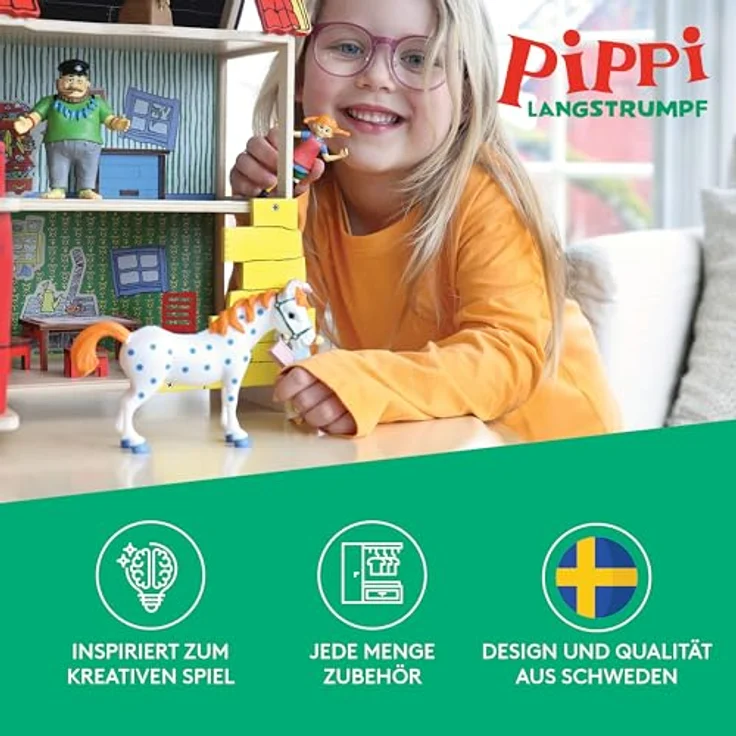 Micki & Friends Pippi Langstrumpf Spielzeug Spielfiguren mit Pippi, Herr Nilsson Äffchen, Gold Koffer & Scheuerbürste Schuhe – Puppenhaus Zubehör Figuren Mädchen und Jungen ab 3 Jahren – Bild 2