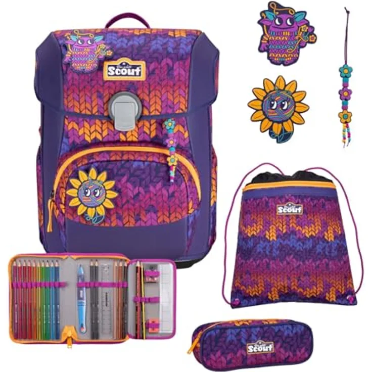 SCOUT Superflash Neo Set 4-teilig Fantasy, Schulranzen mit extragroßen retroreflektierenden Flächen, inkl. zwei Mäppchen und Sportbeutel, Maße 27 x 39 x 18 cm