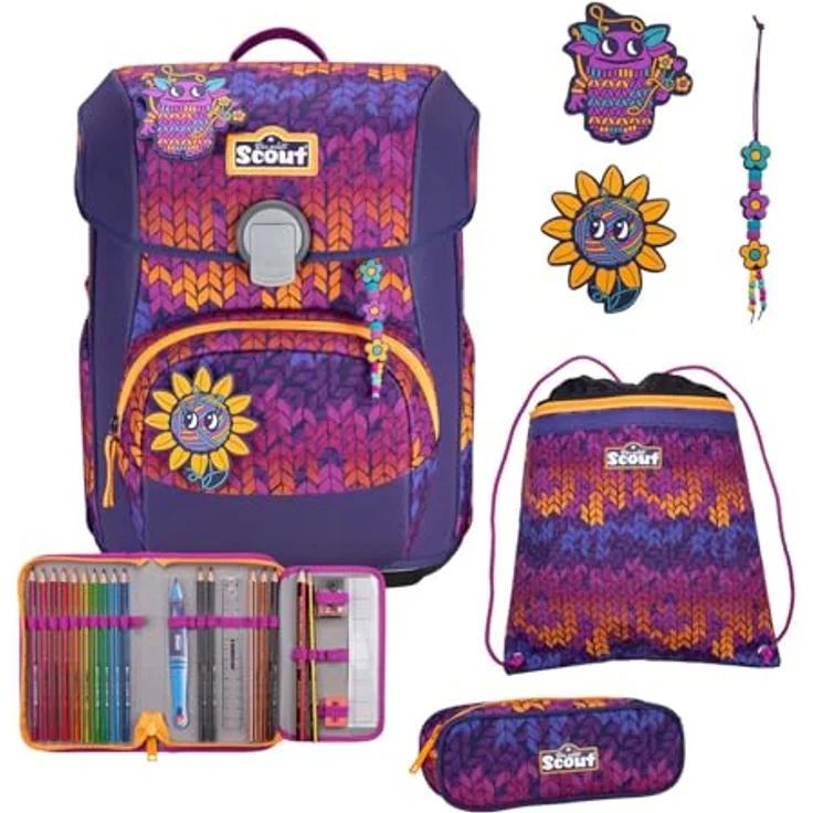 SCOUT Superflash Neo Set 4-teilig Fantasy, Schulranzen mit extragroßen retroreflektierenden Flächen, inkl. zwei Mäppchen und Sportbeutel, Maße 27 x 39 x 18 cm – Bild 1