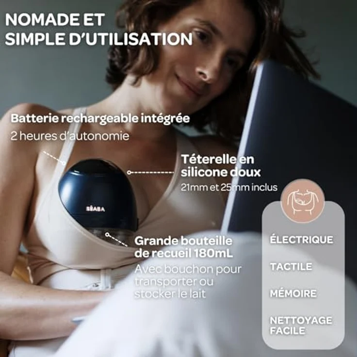BÉABA Elektrische freihändige Milchpumpe, 3 Modi, 9 Stufen, Geräuschlos, Großes Fassungsvermögen 180mL, USB C Ladegerät, Night blue – Bild 4