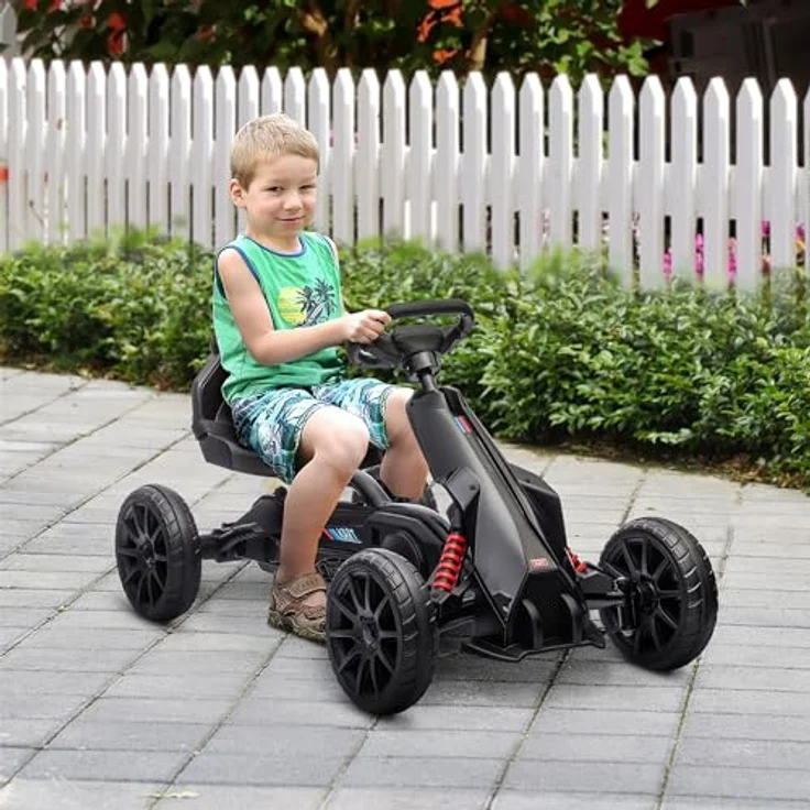 HOMCOM Go-Kart Kinderfahrzeug mit verstellbarem Sitz, Tretfahrzeug, Tretauto mit Handbremse, Kinderspielzeug - Schwarz – Bild 2