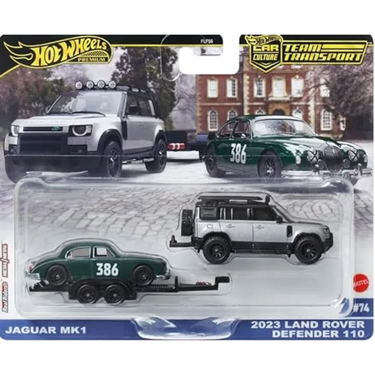Hot Wheels Premium Car Culture Team Transport, Jaguar MK1 mit 2023 Land Rover Defender 110, Sammelfigur