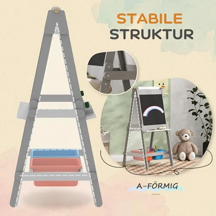 AIYAPLAY 3-in-1 Tafel, doppelseitige Kinder Staffelei mit Aufbewahrungsboxen, grau, für Kinder 3-8 Jahre – Bild 6