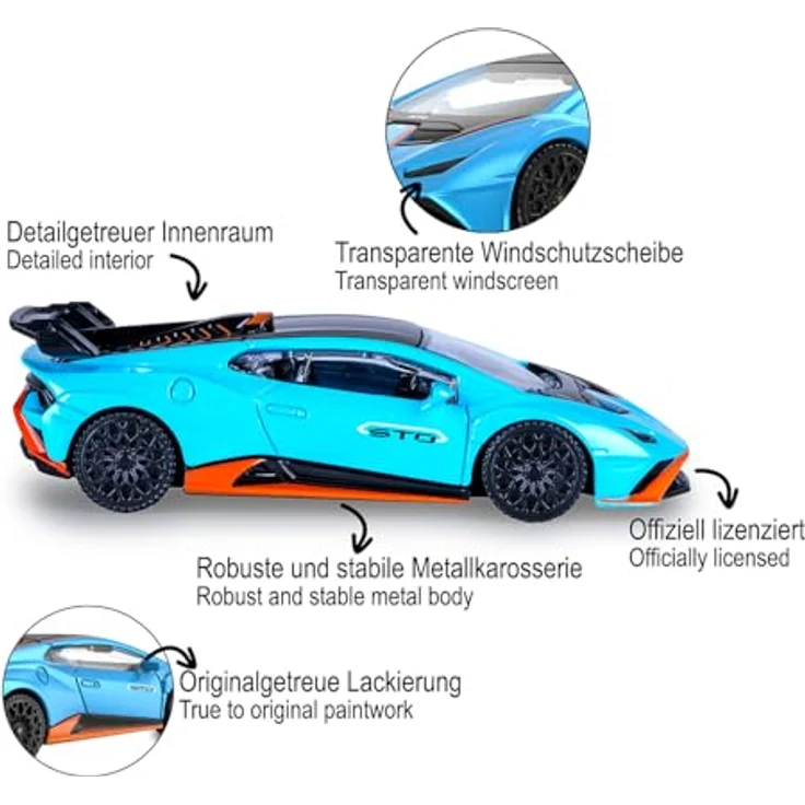 JAMARA 402230 Lamborghini Huracán STO Diecast 1:43, Modellauto mit originalgetreuer Lackierung und öffnenden Türen – Bild 4