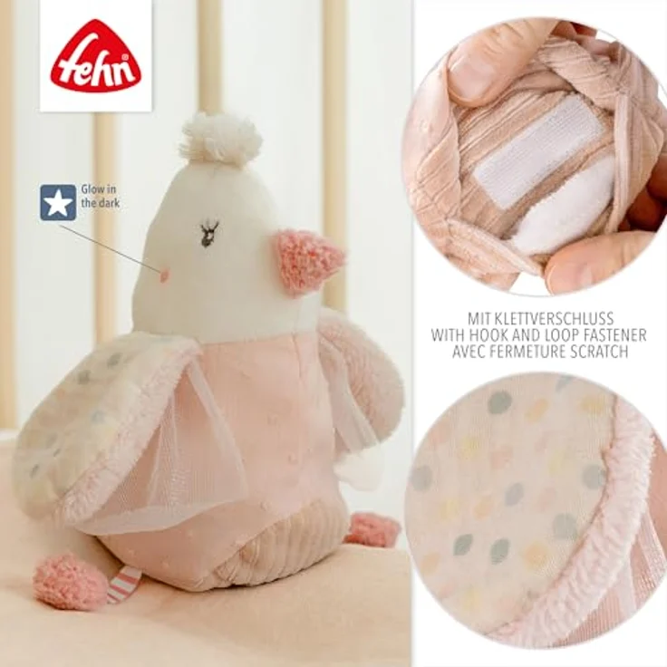 Fehn Wärmetier Vogel – Kuscheltier mit entnehmbarem Wärme- / Kältesäckchen für Babys ab der Geburt, mit "Glow-in-the-dark" Elementen, 23cm, Plüsch/Bouclette, Musselin, Cord, Velours, waschbar bei 30°C – Bild 5