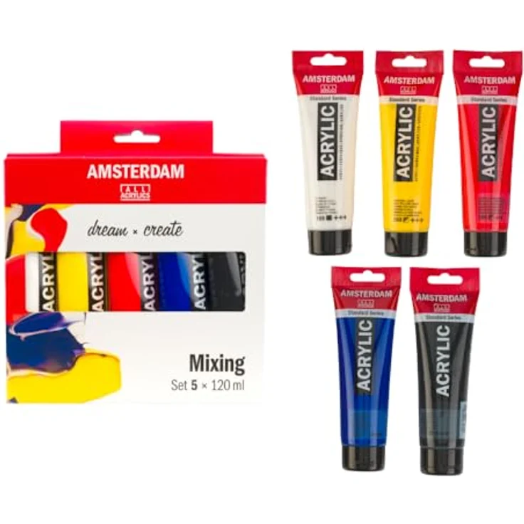Amsterdam Standard Serie Acrylfarben Set, Farbtheorie Mischset mit 5 x 120 ml Tuben in Titanweiß, Azogelb hell, Naphtholrot mittel, Ultramarin und Oxidschwarz, mittlere Viskosität, seidenmatte Oberfläche – Bild 1