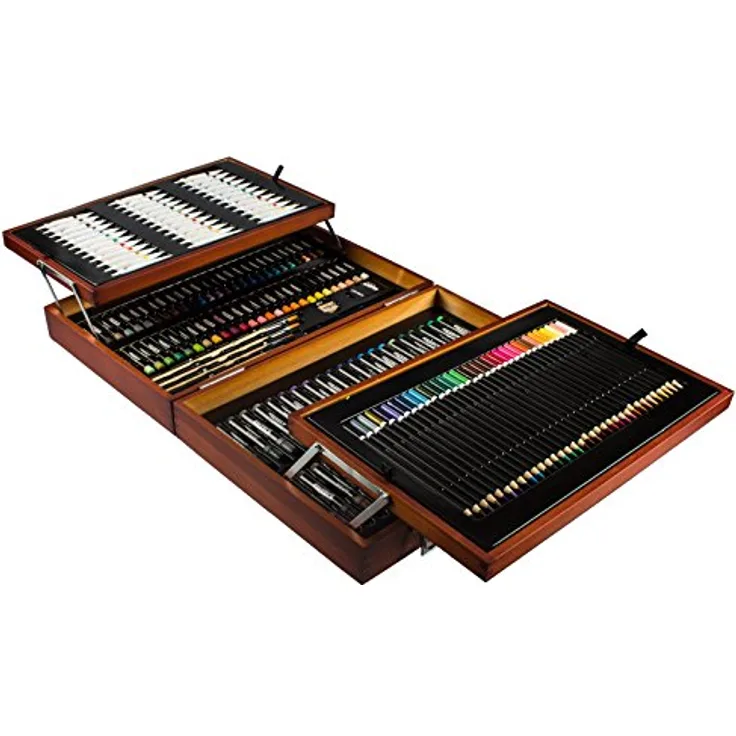 Mont Marte Premium Malset Deluxe, 174-teilig, Malkoffer aus Holz mit Acryl-, Aquarell-, Öl- und Pastellfarben, Stiften, Pinseln