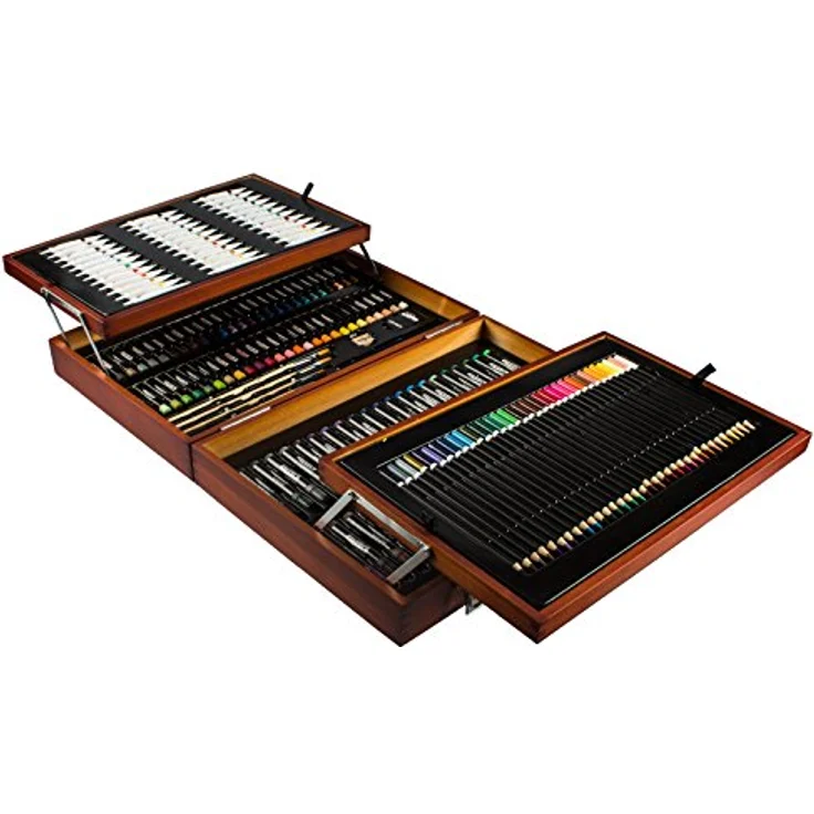 Mont Marte Premium Malset Deluxe, 174-teilig, Malkoffer aus Holz mit Acryl-, Aquarell-, Öl- und Pastellfarben, Stiften, Pinseln – Bild 1