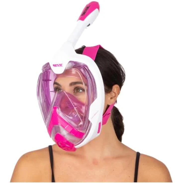 SEAC Magica Schnorchelmaske Vollgesichtsmaske mit Anti-Beschlag System, Dry Top Schnorchel und Auslassventil, weiß/rosa, XS/S – Bild 3