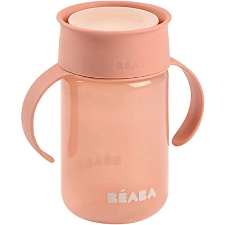 BÉABA, 360°-Lernbecher mit Anti-Tropf-Scheibe, patentiertes Anti-Auslauf-System, ab 12 Monaten, abnehmbare Griffe, mit hygienischem Deckel, solide und leicht, 340 ml, Rosa
