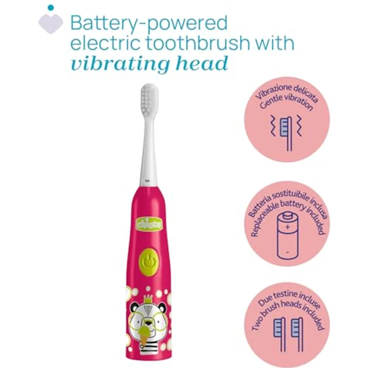 Chicco Elektrische Zahnbürste für Babys, kabellos mit weichem Vibrationskopf und sanften Borsten, geeignet für Kinder ab 3 Jahren, Tiger und Panda Design – Bild 3