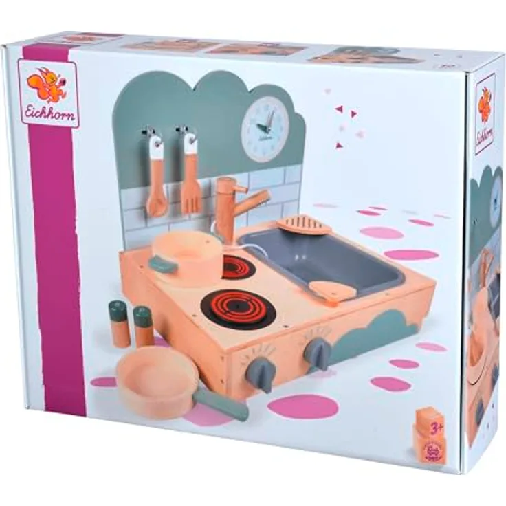Eichhorn Kleine Tischküche, Kochfeld mit Sound und Zubehör, Holzspielzeug für Kinder ab 3 Jahren, 40x35x31 cm, einfacher Aufbau