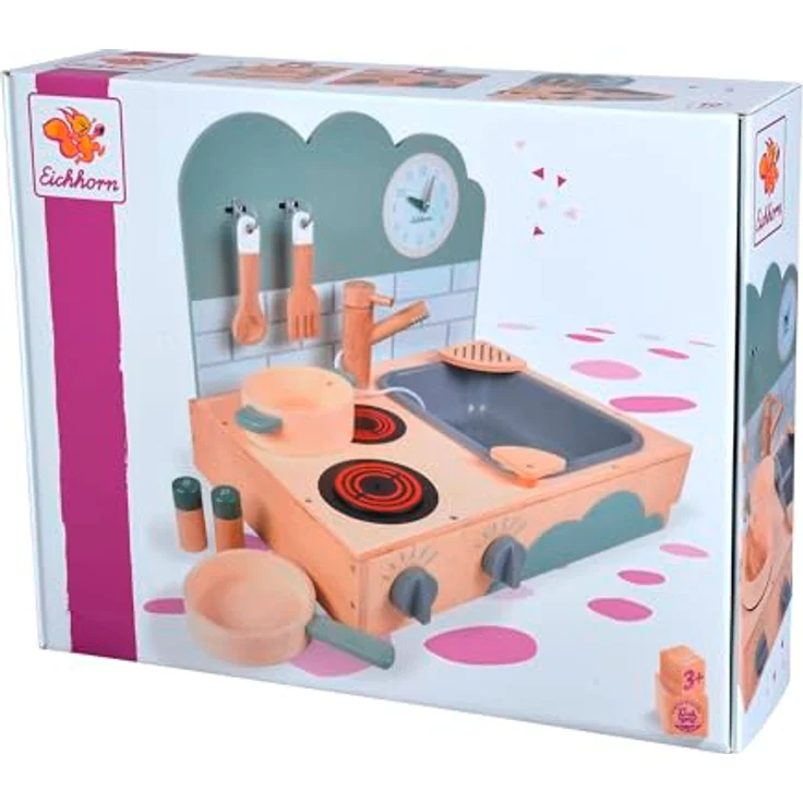 Eichhorn Kleine Tischküche, Kochfeld mit Sound und Zubehör, Holzspielzeug für Kinder ab 3 Jahren, 40x35x31 cm, einfacher Aufbau – Bild 1