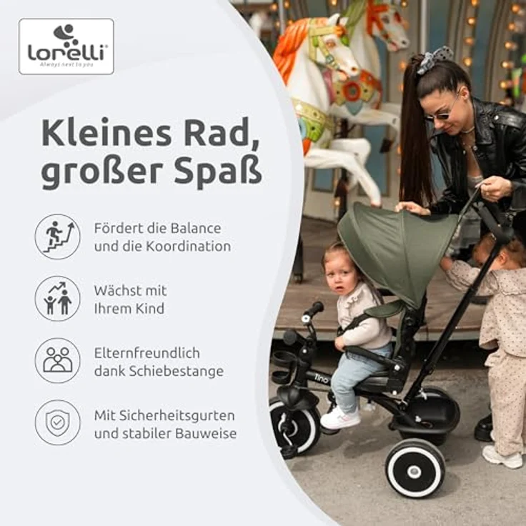 Lorelli Dreirad Tino, Kinder-Dreirad mit verstellbarer Rückenlehne, Klingel, Korb und Sonnendach – Bild 5