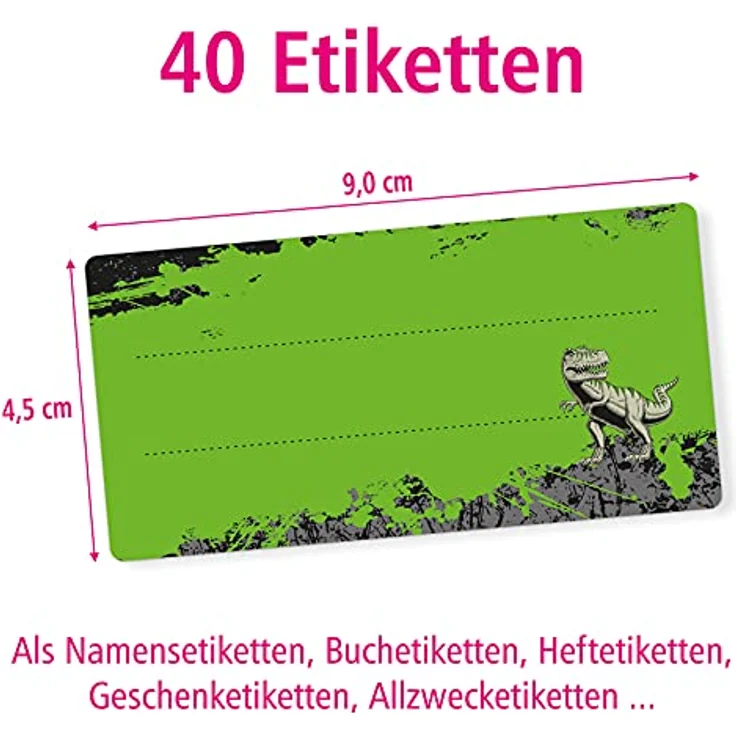itenga 40x Buchetiketten Heftetiketten, 9x4,5cm, selbstklebend und beschreibbar für Schulhefte, rechteckig, T-REX – Bild 2
