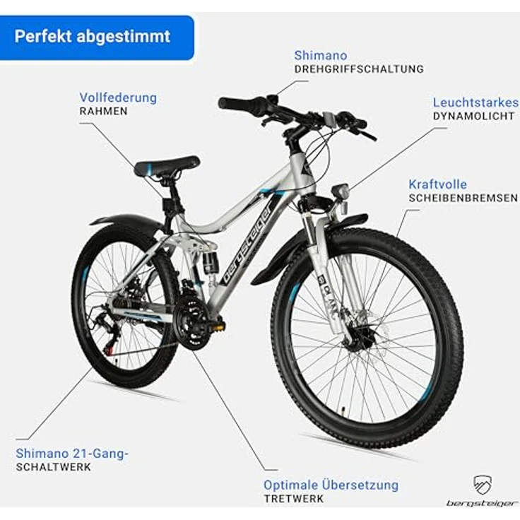 Bergsteiger Broome 26 Zoll Kinderfahrrad, Shimano 21 Gang-Schaltung, StVZO, Mountainbike mit Vollfederung, Scheibenbremsen & Dynamo-Licht, geeignet für 8, 9, 10, 11, 12, 13 Jahre, Jungen & Mädchen – Bild 5