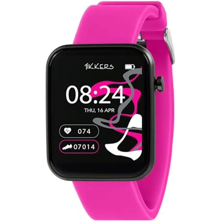 Tikkers Kids Series 13 Smartwatch mit Fitness-Tracker, Wecker, Kamera, GPS-Anschluss, Pulsmesser, Schrittzähler, Touchscreen, Rosa Silikonarmband