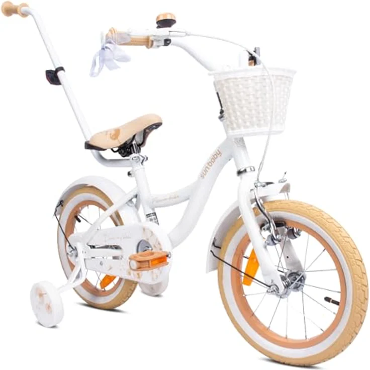 sun baby Mädchenfahrrad 14 Zoll Flower Bike mit Abnehmbarer Schubstange, Kinderfahrrad für Mädchen von 2 bis 6 Jahre (Weiß Beige) – Bild 1