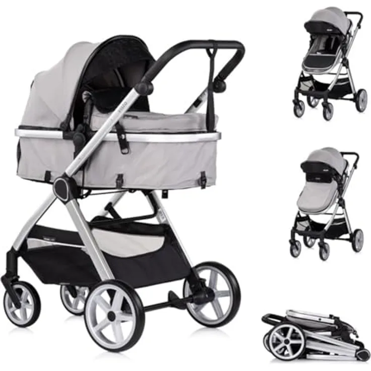 Chipolino Kombikinderwagen 2 in 1 Vista, umbaubar zur Tragetasche, höhenverstellbarer Griff, verstellbare Rückenlehne, Fußabdeckung, Farbe: hellgrau