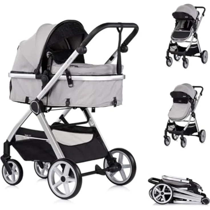 Chipolino Kombikinderwagen 2 in 1 Vista, umbaubar zur Tragetasche, höhenverstellbarer Griff, verstellbare Rückenlehne, Fußabdeckung, Farbe: hellgrau – Bild 1