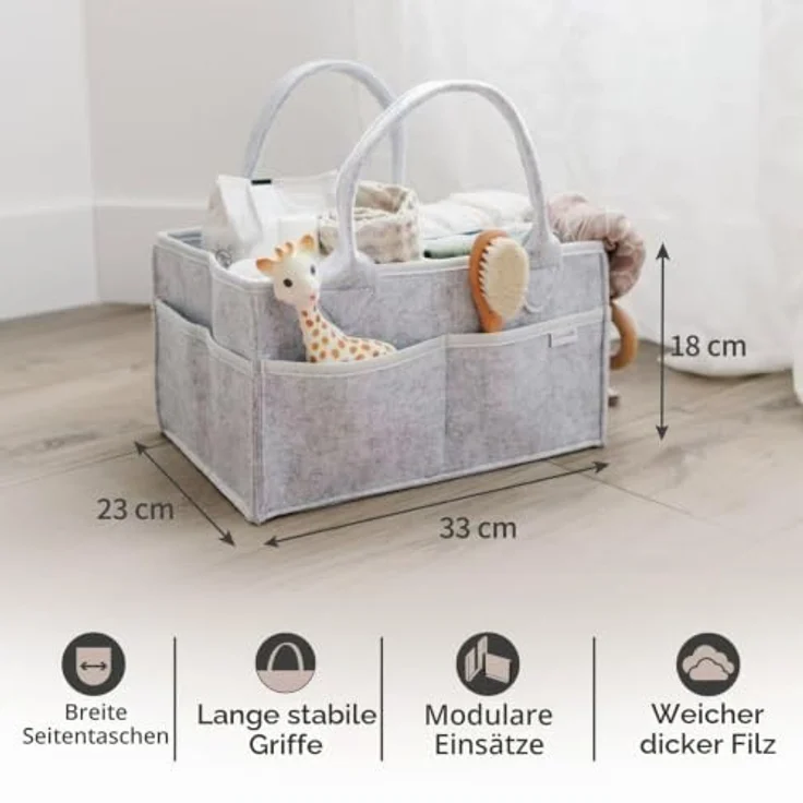 PUTSKA Windelkorb Organizer, Aufbewahrungskorb mit 6 Taschen und 3 Fächern für Neugeborenen-Essentials, grau, Standardgröße – Bild 3
