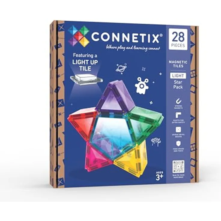 CONNETIX Magnetische Fliesen Light Star Paket, 28 Stück mit wiederaufladbarer Lichtfliese und 8 leuchtenden Farben, für kreatives DAMPF-Lernen