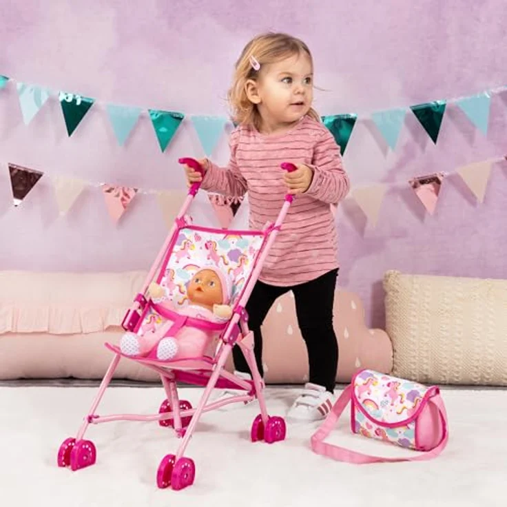 Bayer Puppenbuggy Set mit Puppe, fröhliche Farbkombination, geeignet für Puppen bis 46 cm – Bild 5
