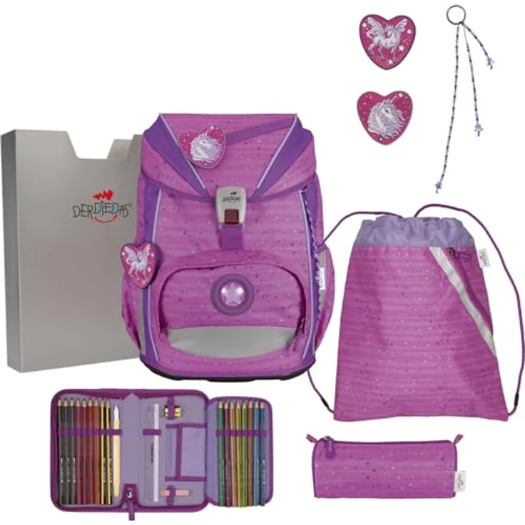 DerDieDas Schulranzen ErgoFlex Light Set 6-teilig, ergonomisch, 22L Volumen, mit reflektierenden Materialien, Purple Unicorn pink – Bild 1