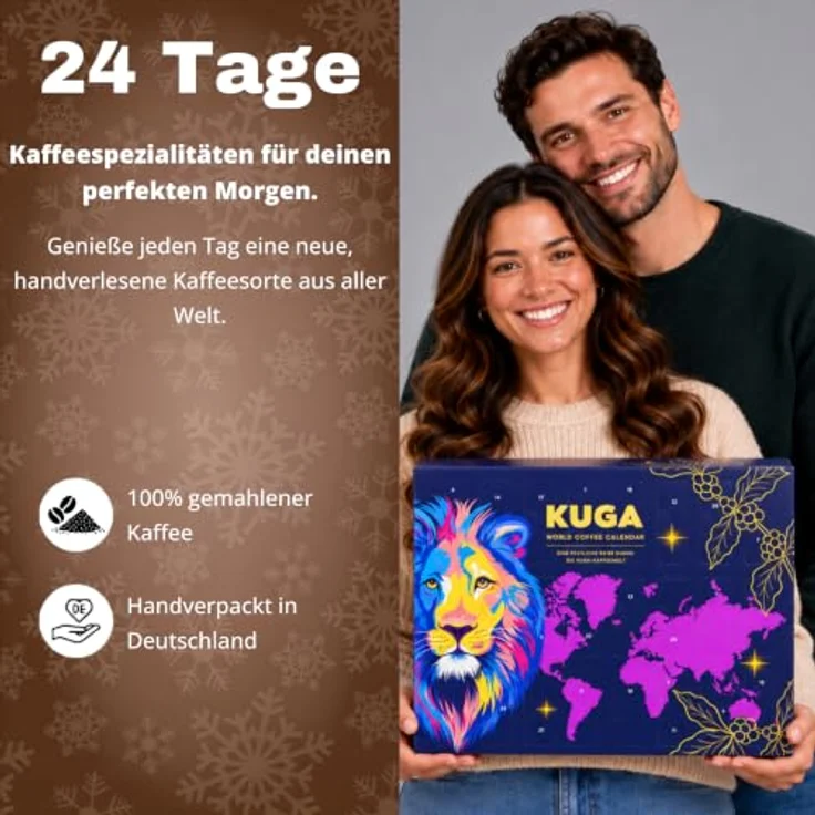 KUGA® Gemahlener Kaffee Adventskalender 2026, 24 Sorten Fairtrade & Bio, 360 g – Bild 2