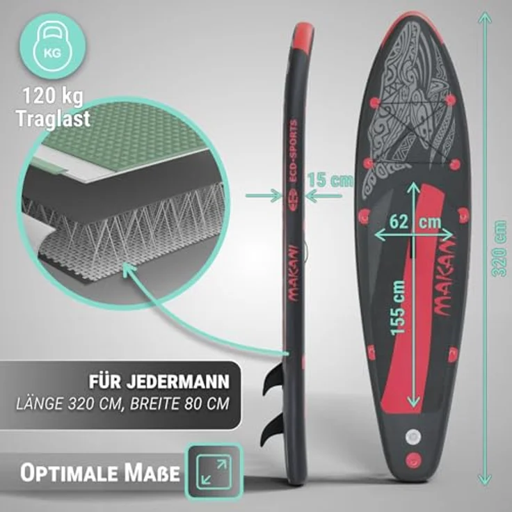 HAGO Inflatable SUP-Board Allround Komplettset 320 cm mit Drop-Stitch-Kern, stabil und transportfreundlich, bis 120 kg belastbar – Bild 4