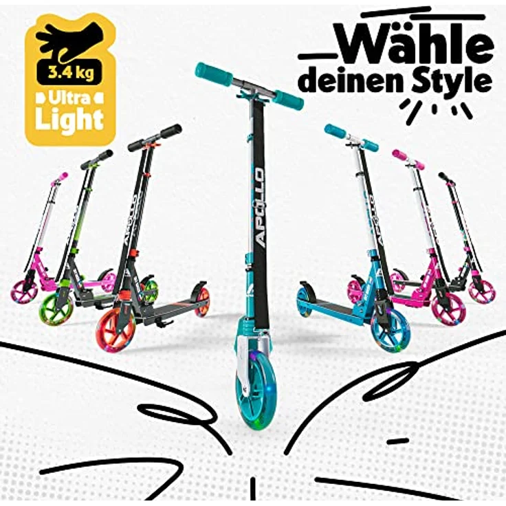 Apollo Scooter LED Skyracer, City Roller mit Federung und höhenverstellbarem Lenker, klappbar, für Kinder ab 5 Jahren und Erwachsene, pink/weiß – Bild 7