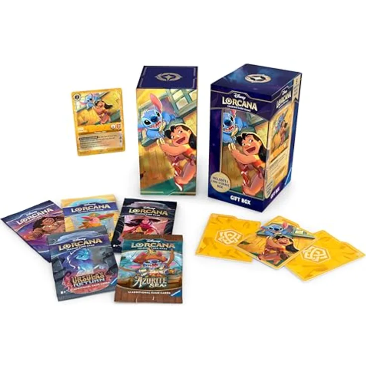 Ravensburger Disney Lorcana Trading Card Game: Archazias Insel - Lilo Geschenkbox (Englisch), Glimmer-Foil Oberfläche, mit Stauraum für bis zu 250 Karten, inkl. 5 Booster Packs aus verschiedenen Sets