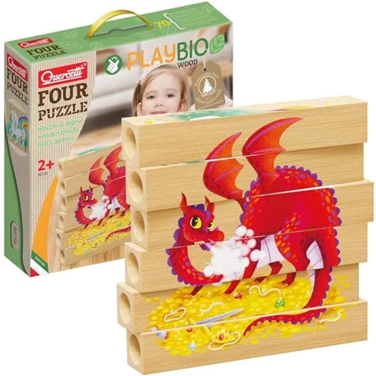Quercetti - 80710 Four Puzzle Play Bio – Fantastische Tiere, Holzpuzzles mit FSC-zertifiziertem Holz, für Kleinkinder geeignet