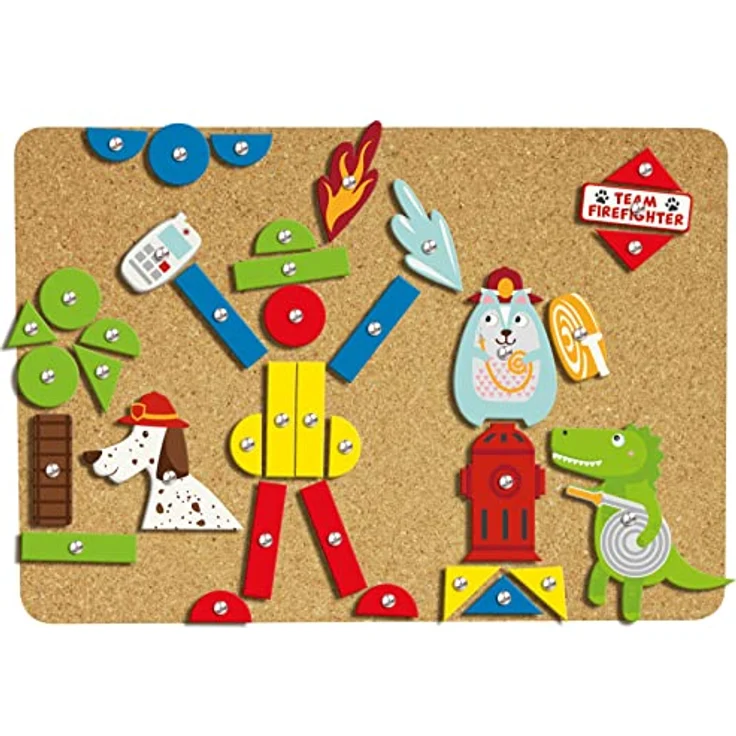 Lena 65836 - Hammerspiel Feuerwehr, Nagelspiel mit 38 farbigen Teilen & 16 Sonderteile, XXL Grundplatte aus Kork ca. 28 x 19,5 cm, Hammer und Nägel, Klopfspiel für Kinder ab 3 Jahre, Hämmerchenspiel – Bild 6