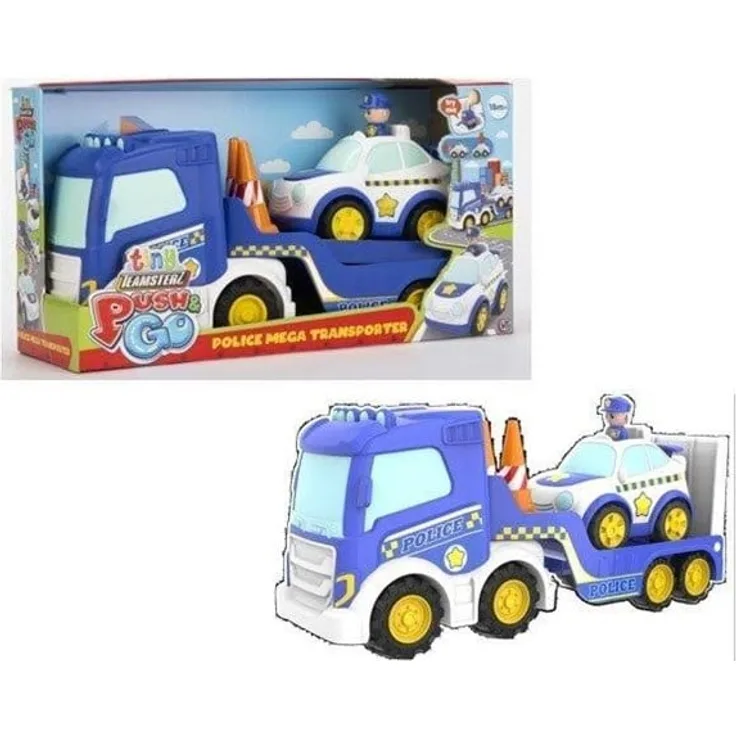 Teamsterz Tiny Push & Go Police Transporter, robustes Spielzeugfahrzeug mit Auto für kreatives Schiebespiel