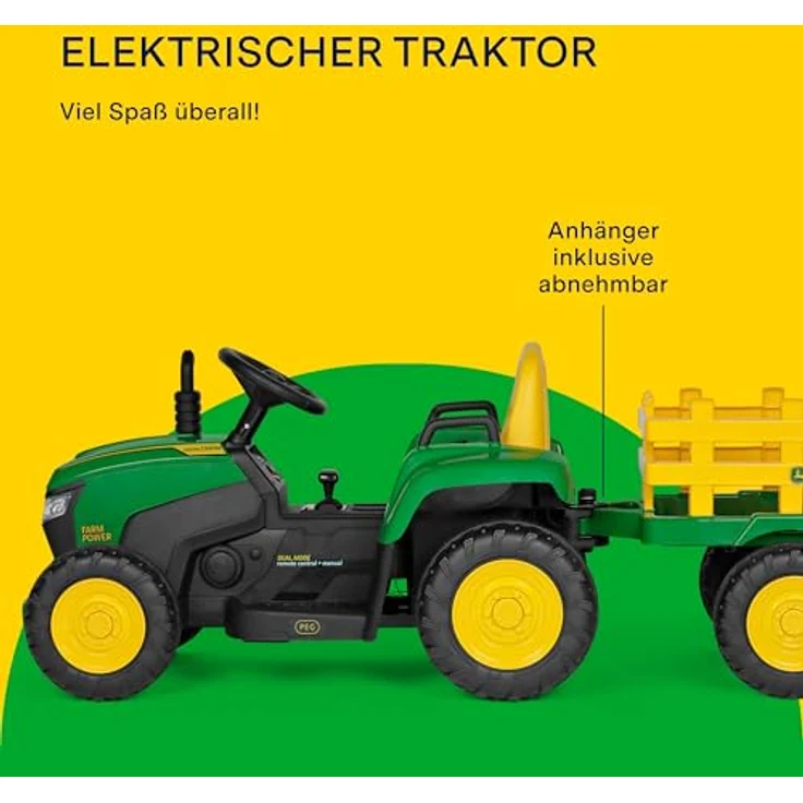 Peg Perego John Deere Farm Power, elektrischer Kindertraktor mit Fernbedienung und Anhänger, grün – Bild 3