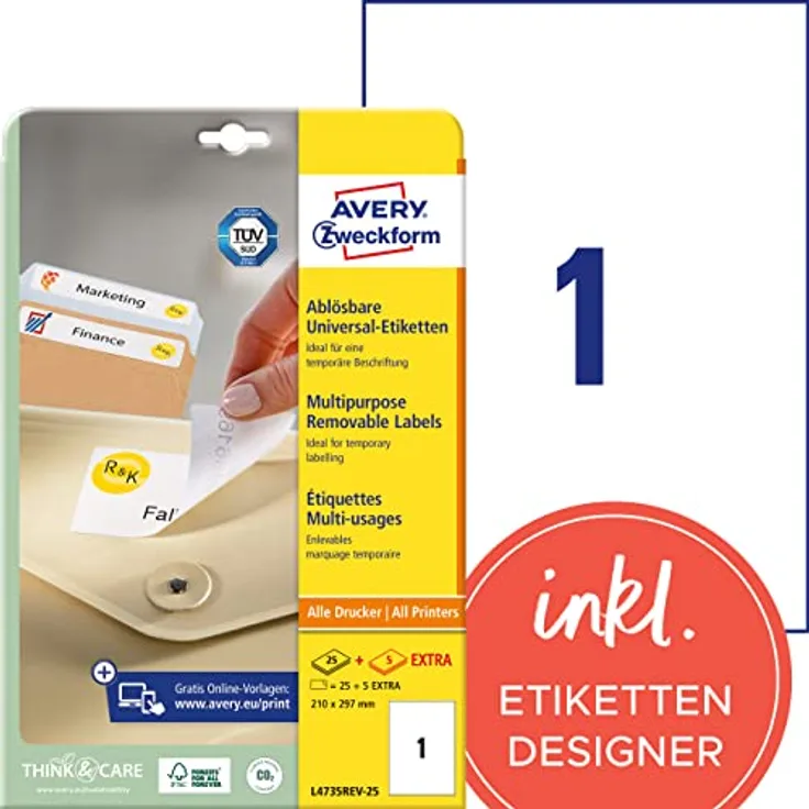 AVERY Zweckform L4735REV-25 Universal Etiketten (25 plus 5 Klebeetiketten extra, 210x297mm auf A4, wieder rückstandsfrei ablösbar/abziehbar, bedruckbar, selbstklebende Aufkleber) 30 Blatt, weiß