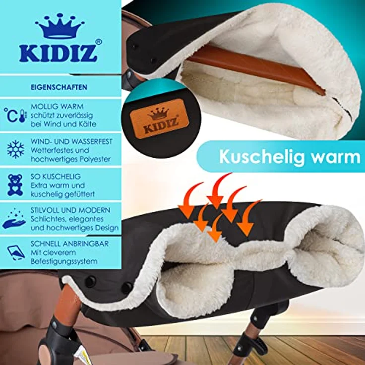 KIDIZ® Handwärmer Kinderwagen Handschuhe Handmuff Kinderwagenmuff mit warme Plüschmaterial Fleece und Baumwolle Innenseite Wasserdicht Winddicht Handwärmer Universalgröße für alle Kinderwagen Buggy Anthrazit – Bild 3