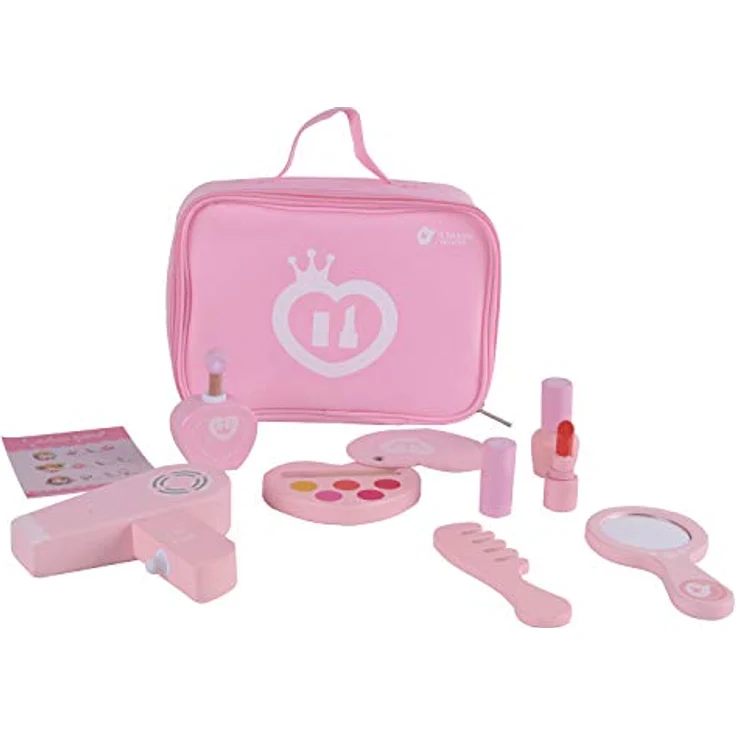 Classic World 9-teiliges Schminkset aus Holz, für Rollenspiele, Lidschatten, Lippenstift, Parfüm, Nagellack, Kamm, Spiegel, Haartrockner und Kosmetikkoffer, Rosa – Bild 1