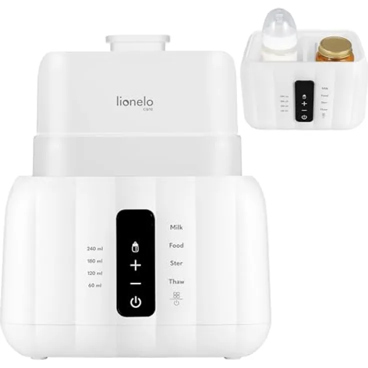 Lionelo Thermup Duo, Elektrischer Flaschenwärmer 6-in-1 mit Doppelkammer, Touch-Panel, BPA-frei, sicheres Auftauen, Sterilisieren und Warmhalten