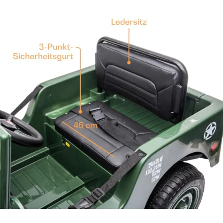 Kijana Willys Elektro-Armeeauto für Kinder 12V - Grün, mit 2 Motoren, Soft-Start-Funktion, MP3-Player und elterlicher Fernbedienung – Bild 8
