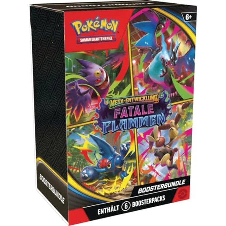 Pokémon Pokémon-Sammelkartenspiel: Boosterbundle Mega-Entwicklung – Fatale Flammen, 6 Boosterpacks mit Mega-Skaraborn-ex und Mega-Schlapor-ex – Bild 1