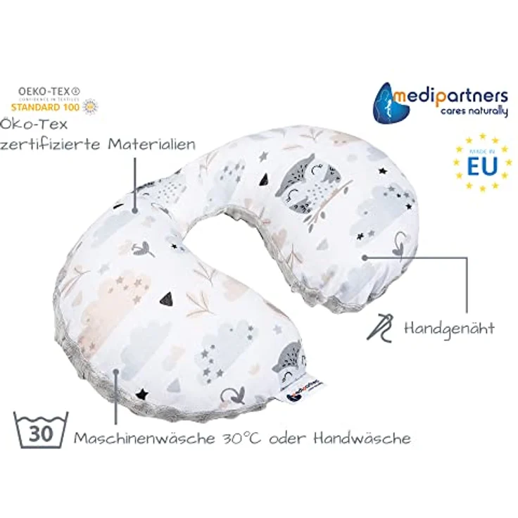 Medi Partners Nackenkissen Kinder Nackenhörnchen, 100% Baumwolle/Minky, Nackenstütze für Auto und Flugzeug, graues Minky, ergonomisch geformt, antiallergische Füllung – Bild 4