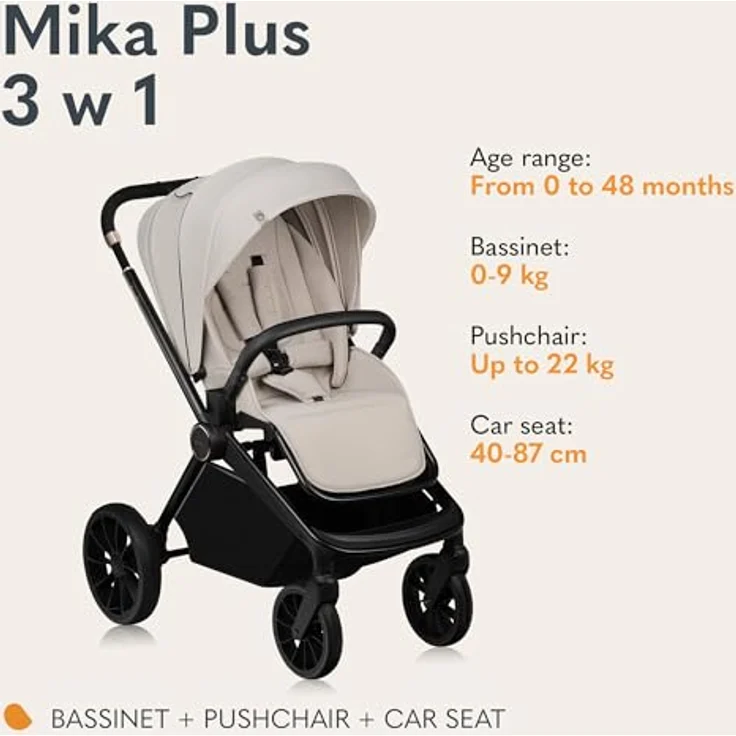Lionelo MIKA PLUS 3-in-1 Buggy, Babywagen mit Kindersitz und Babytrage, 360° Räder, XXL-Verdeck, blau – Bild 2