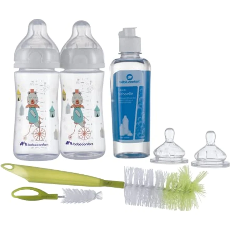 Bebeconfort Emotion Geburtsset, Babyflaschen Geschenkset mit 2x 270 ml Flaschen, 2 Anti-Kolik-Saugern, Flaschenbürste 2 in 1 und Geschirrspülmittel 250 ml, 0-24 Monate – Bild 1